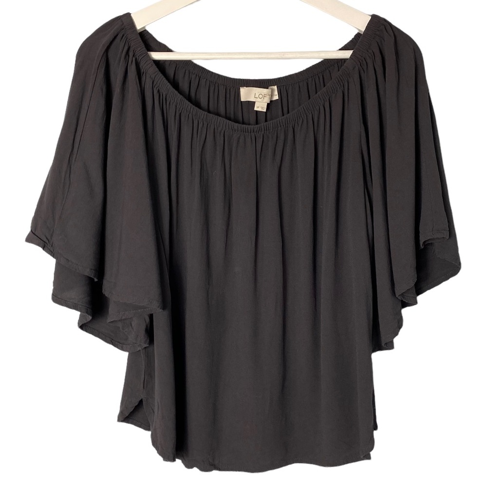 Loft Gray Over the Shoulders Crop Oversized Sleeves Casual Summer Top Blouse SP